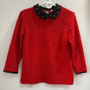Elle M Red Textured Sweater Sequins Holiday Classic Valentines Elevated Basic